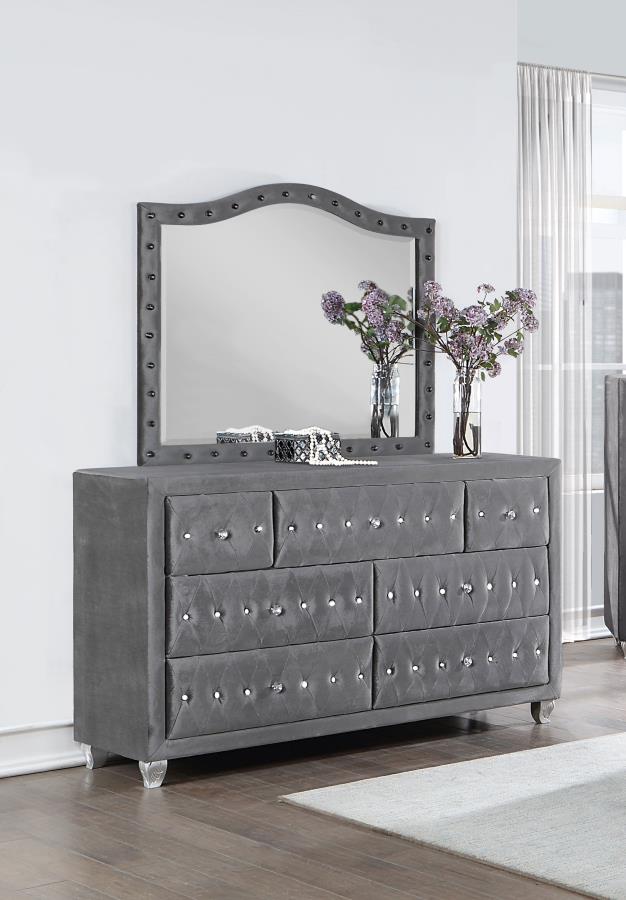 Deanna 7-drawer Upholstered Dresser with Mirror - Grey