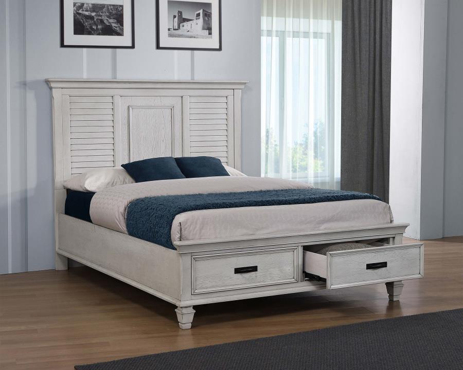 Franco Wood Queen Storage Panel Bed - Distressed White