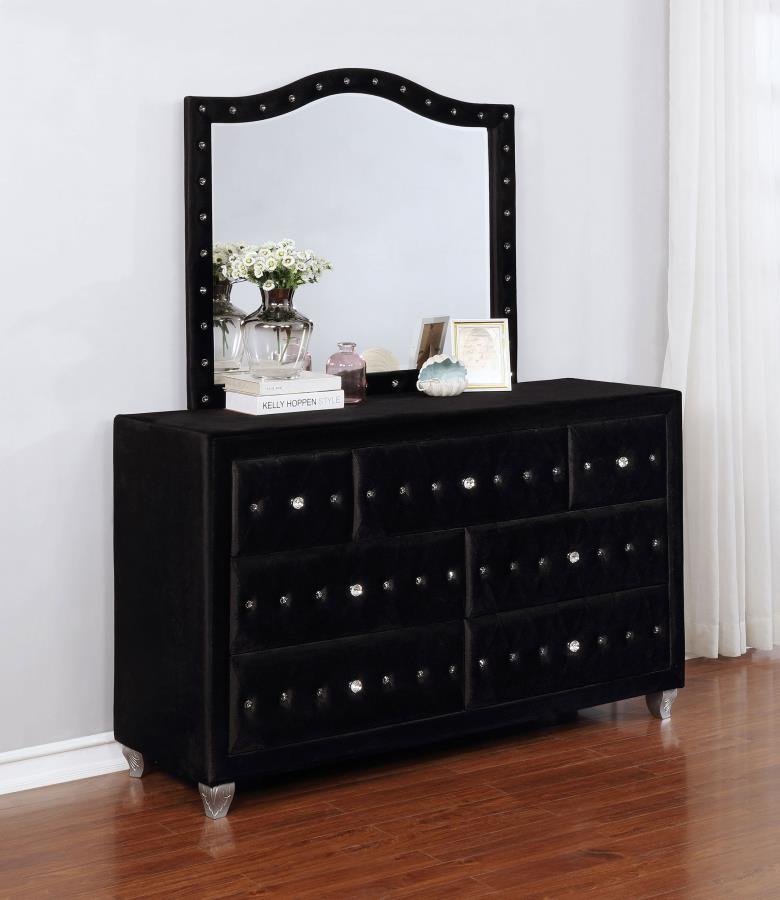 Deanna 7-drawer Upholstered Dresser with Mirror - Black