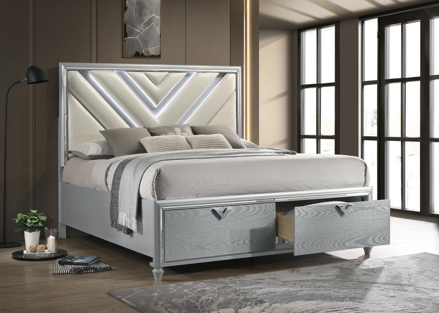 Veronica Wood Queen LED Storage Panel Bed - Light Silver