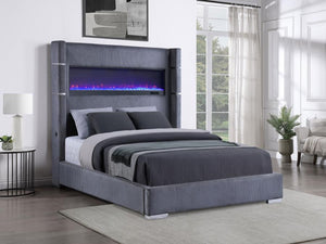 Tisdall 67-inch Upholstered Queen Fireplace Bed - Grey