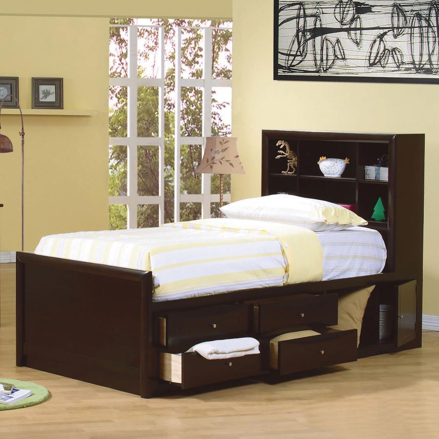 Phoenix Wood Twin Storage Bookcase Bed - Cappuccino