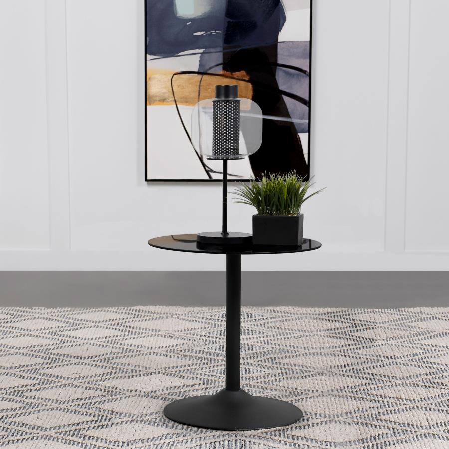 Ganso Round Metal End Table With Tempered Glass Top - Black