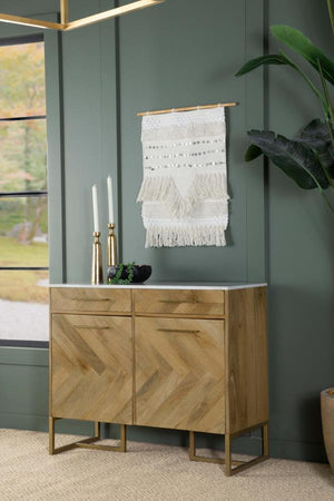 Keaton 2-door Marble Top Herringbone Accent Cabinet - Natural