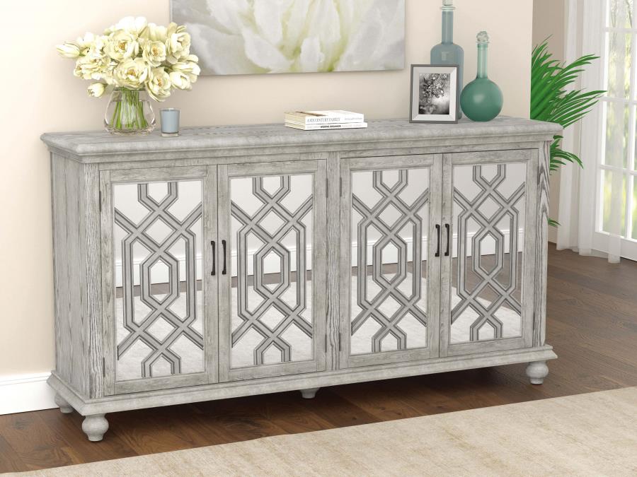 Melanie 4-door Wood Trellis Accent Cabinet - Distressed White